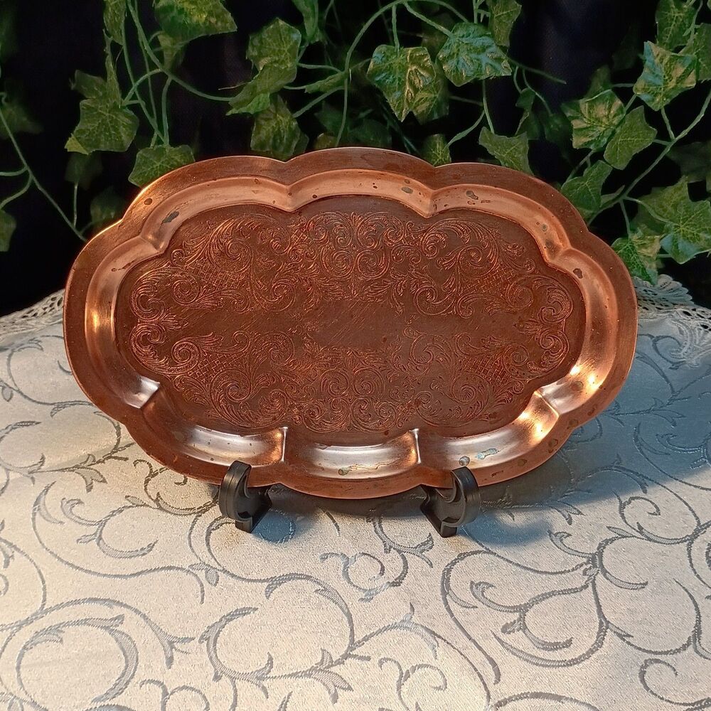 Vintage Ornate Copper Serving Tray 9.5x6” Scalloped Edge, Victorian Elegant
